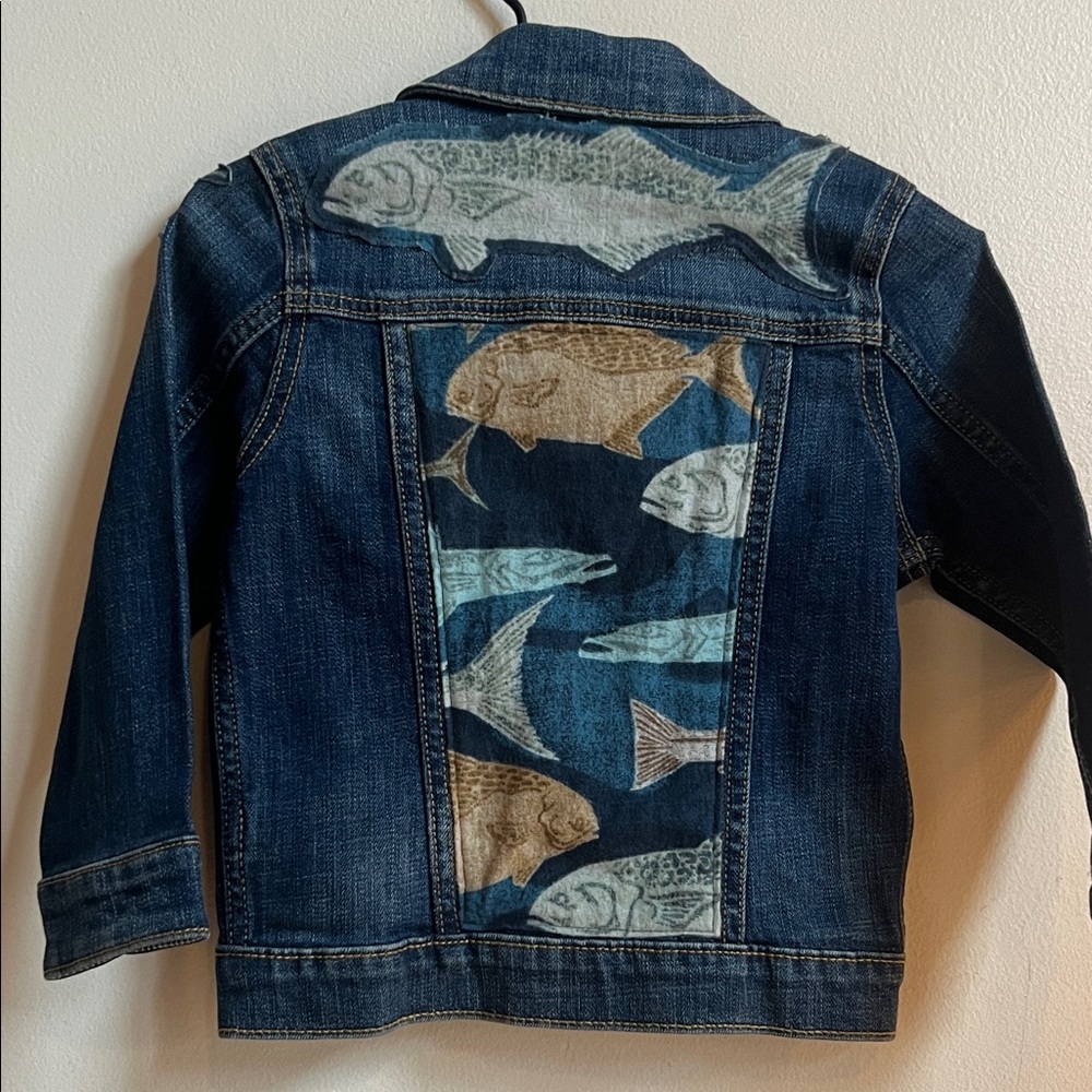 Oshkosh upcycled Jean jacket with Children's Blue Denim Jacket with Fish Pattern